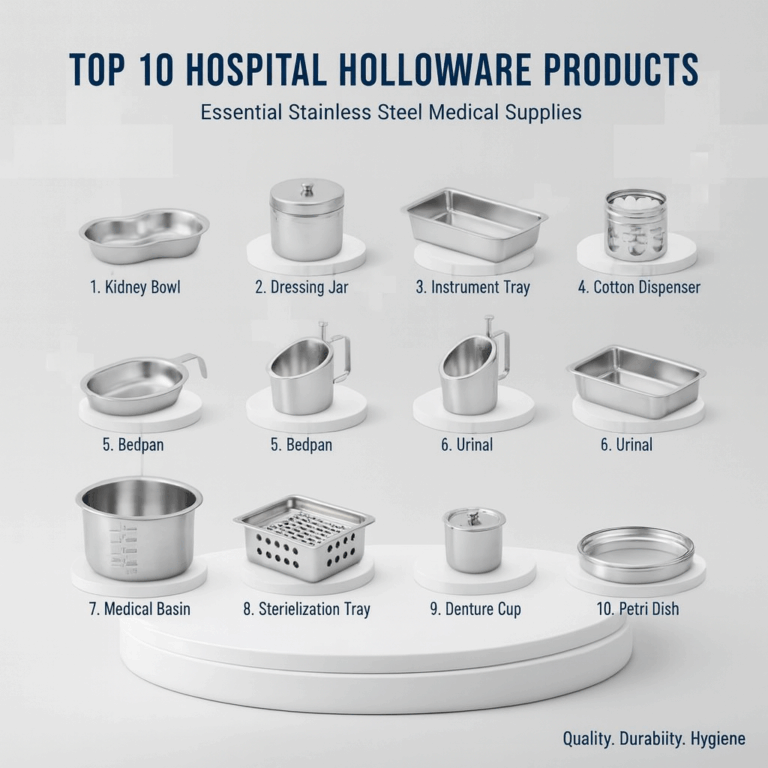 Stainless steel hospital hollowware items displayed in a product category grid.